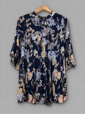 ANILA Navy Floral Boho Dress Womens M Sheer Bell Sleeve Tie Neck Pleated Tunic